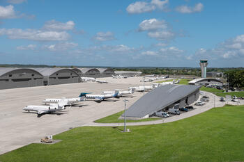 View of Farborough Airport's hangars